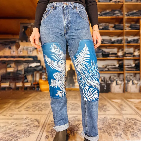 Women's Vintage Double Knee Palm Tree Floral Plant Print Cargo Jeans Denim Pants Blue Only $48.99 - Cotosen.com 