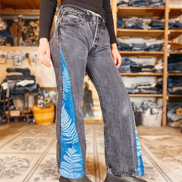 Women's Vintage Patchwork Floral Plant Print Cargo Jeans Denim Pants Blue - Cotosen.com 
