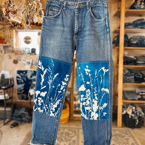 Women's Vintage Double Knee Floral Plant Print Cargo Jeans Denim Pants Blue Only $45.99 - Cotosen.com 