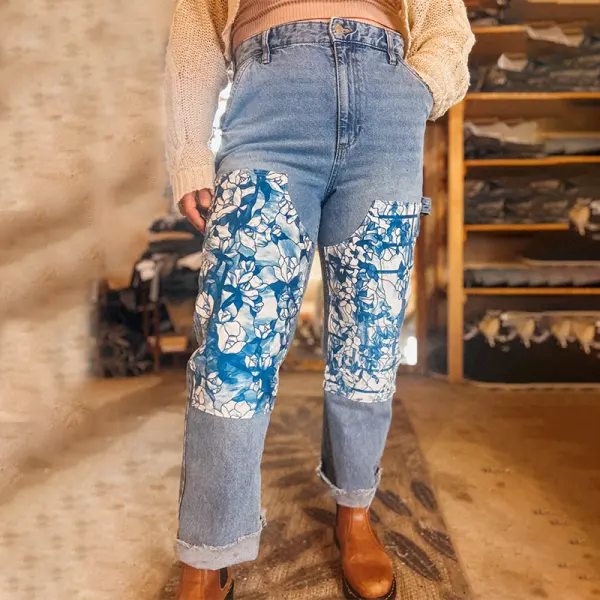Women's Vintage Double Knee Holiday Plant Print Cargo Jeans Denim Pants Blue Only $45.99 - Cotosen.com 