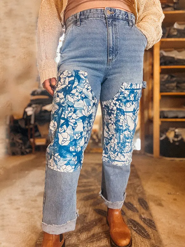 Women's Vintage Double Knee Holiday Plant Print Cargo Jeans Denim Pants Blue - Pragmaace.com 