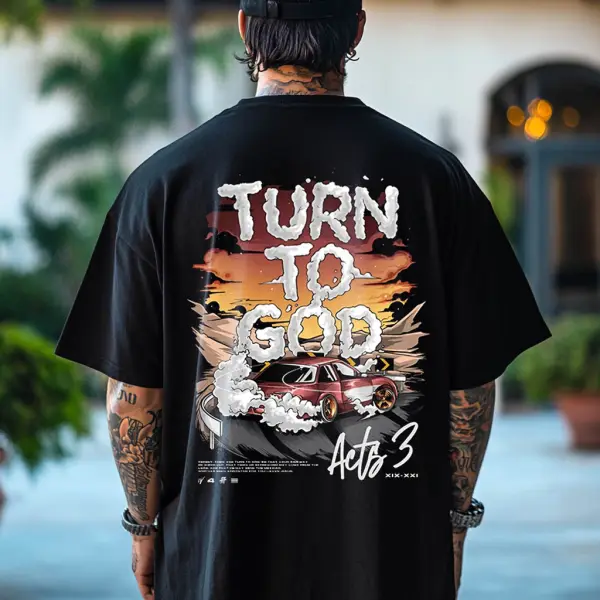 Men's Turn To God Car Letter Print Loose Short Sleeve Oversized T-Shirt - Wayrates.com 
