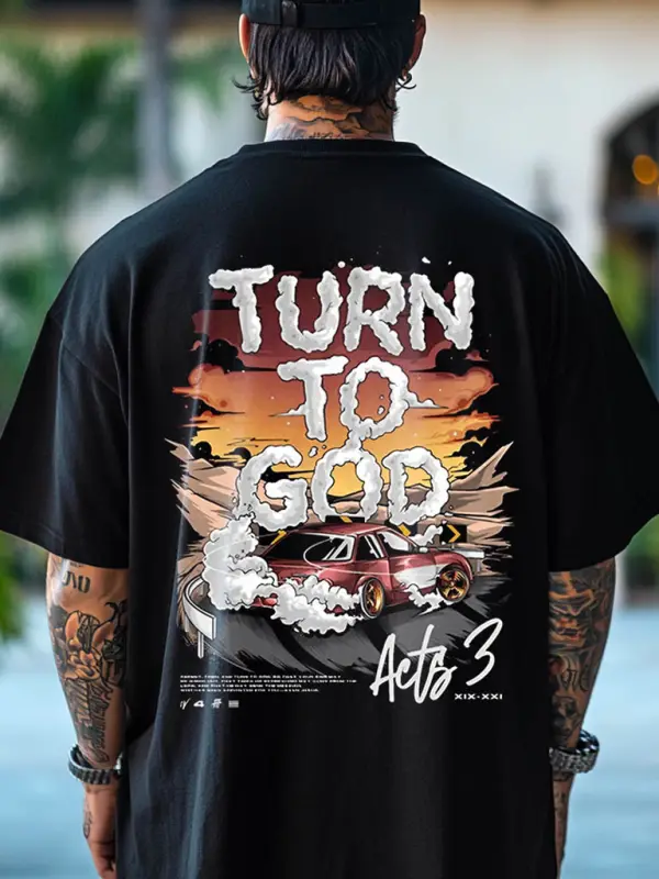 Men's Turn To God Car Letter Print Loose Short Sleeve Oversized T-Shirt Only $21.99 - Menbarn.com 