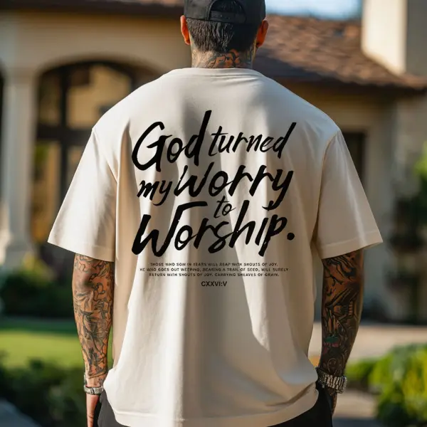 Men's Worry To Worship Letter Print Loose Short Sleeve Oversized T-Shirt - Cotosen.com 