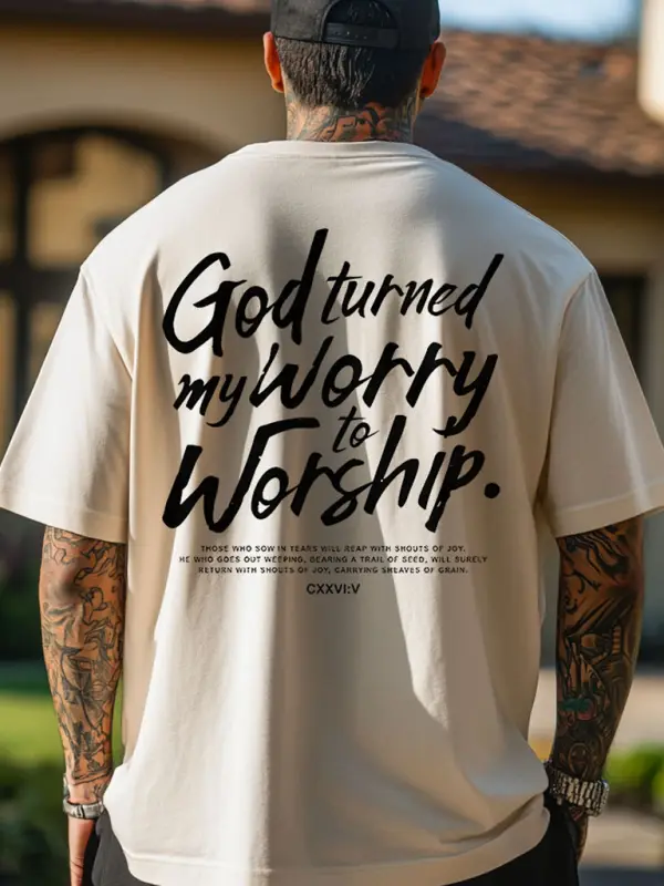 Men's Worry To Worship Letter Print Loose Short Sleeve Oversized T-Shirt - Menbarn.com 