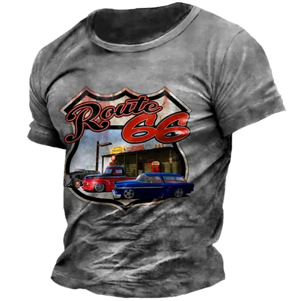 Men's Vintage Route 66 Car Distressed Outdoor Short Sleeve T-Shirt - Cotosen.com 