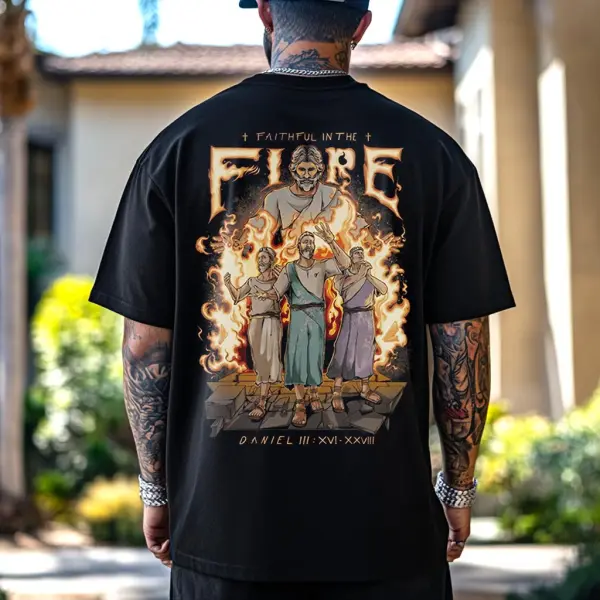 Men's Faithful In The Fire Letter Print Loose Short Sleeve Oversized T-Shirt - Wayrates.com 