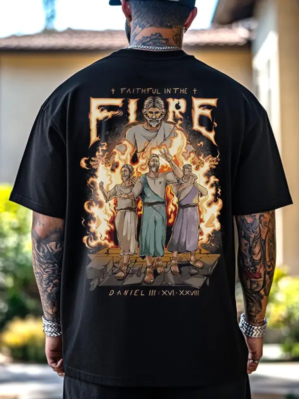 Men's Faithful In The Fire Letter Print Loose Short Sleeve Oversized T-Shirt Only $21.99 - Menbarn.com 