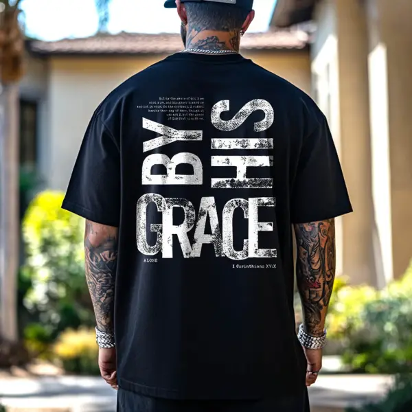 Men's By His Grace Letter Print Loose Short Sleeve Oversized T-Shirt - Cotosen.com 