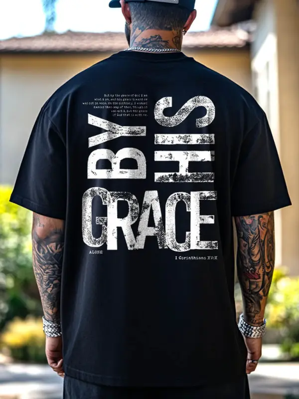 Men's By His Grace Letter Print Loose Short Sleeve Oversized T-Shirt - Menbarn.com 