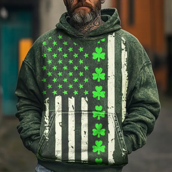 Men's Vintage Distressed Green American Flag Shamrock Print Hoodie - Dozenlive.com 