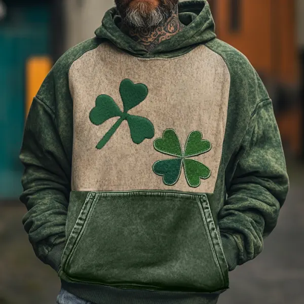 Men's Vintage Distressed Color Block Stylish Shamrock Patch Hoodie Green - Dozenlive.com 
