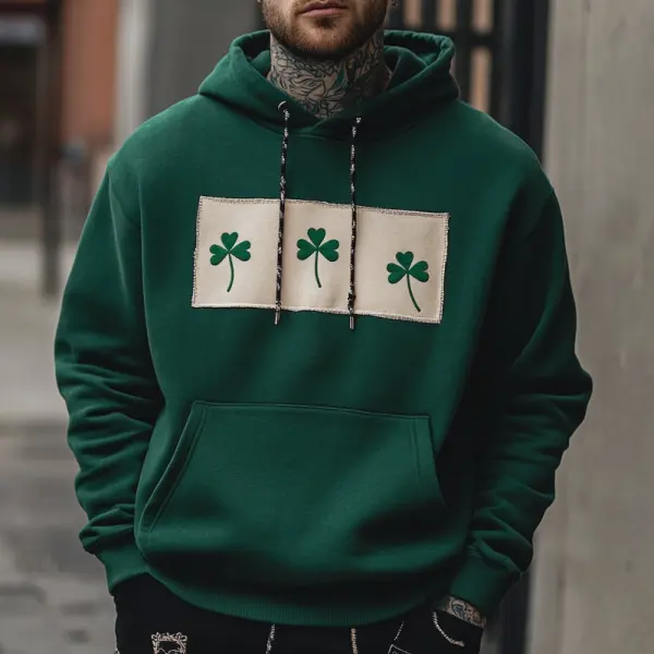 Men's Vintage Distressed Shamrock Patch Hoodie Green St. Patrick's Day - Wayrates.com 