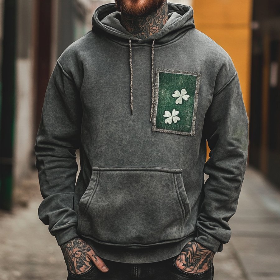 

Men's Vintage Distressed St. Patrick's Day Shamrock Patch Hoodie Gray Green