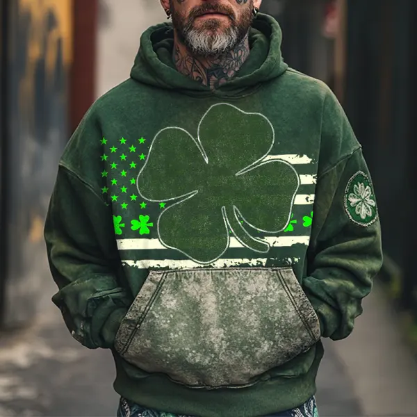 Men's Vintage Distressed St. Patrick's Day Shamrock Flag Print Hoodie Green - Wayrates.com 