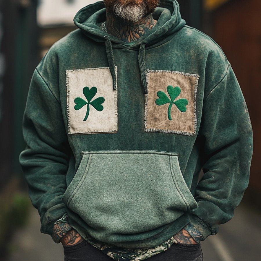 

Men's Vintage St. Patrick's Day Shamrock Patches Hoodie Green