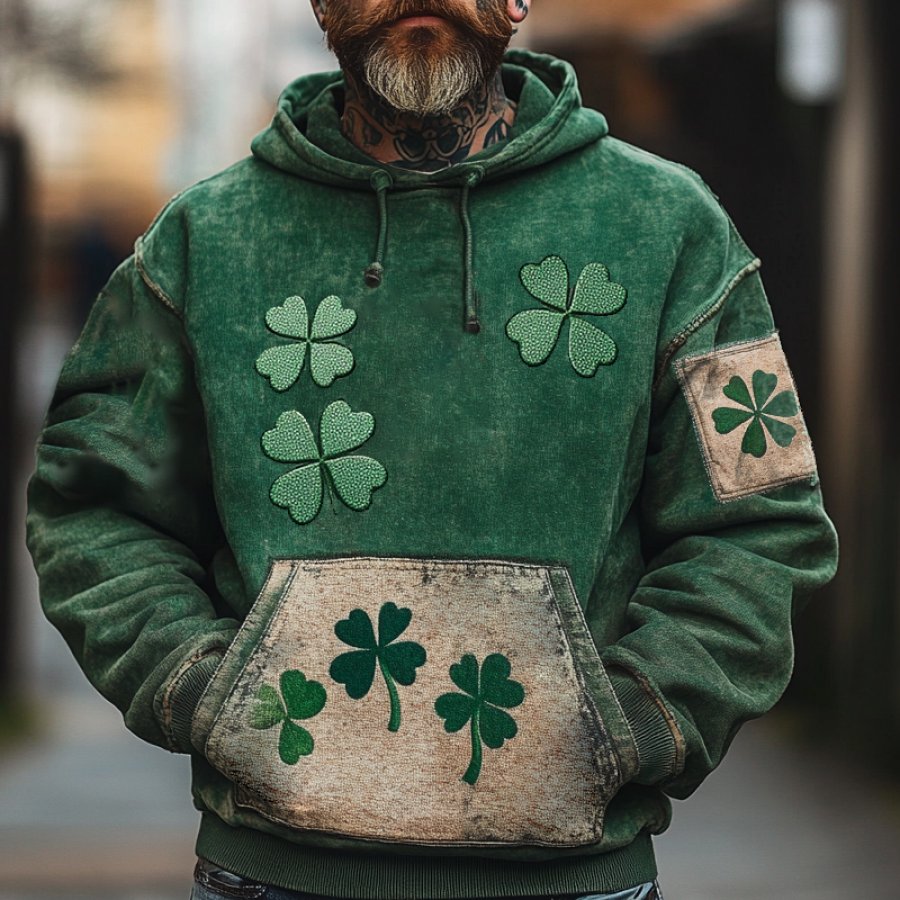 

Men's Vintage Color Block St. Patrick's Day Shamrock Patch Hoodie Green