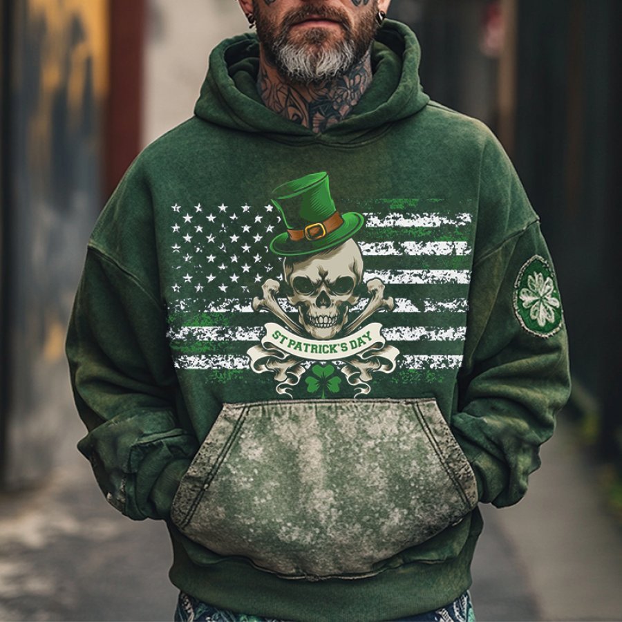 

Men's Vintage Distressed St. Patrick's Day Skull Shamrock Print Hoodie Green