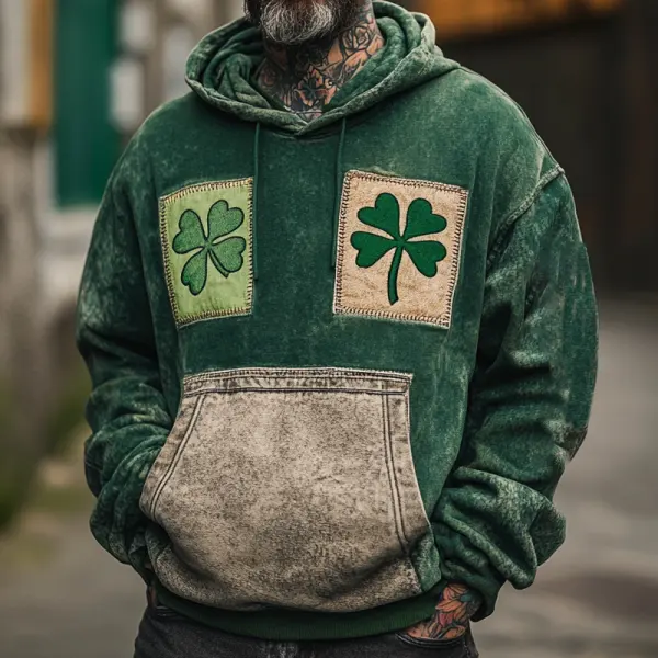 Men's Vintage Distressed St. Patrick's Day Shamrock Print Hoodie Green - Wayrates.com 