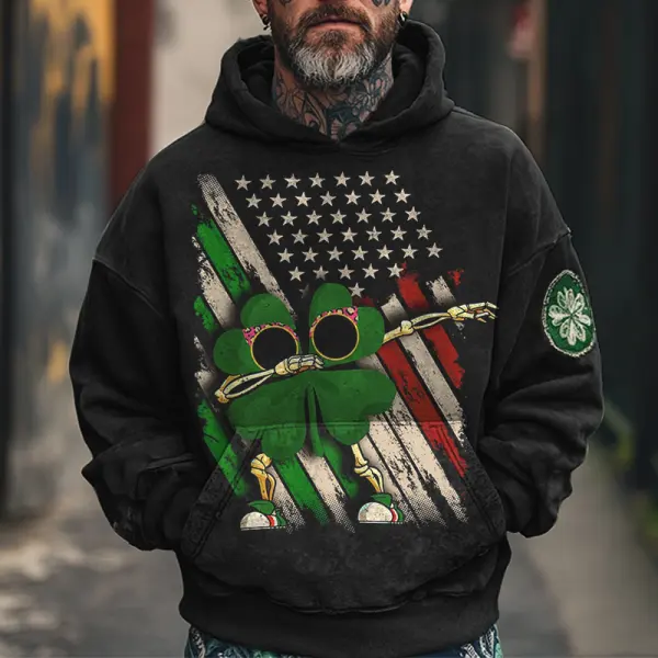 Men's Vintage American Flag And Clover Print Hoodie St. Patrick's Day Black - Dozenlive.com 