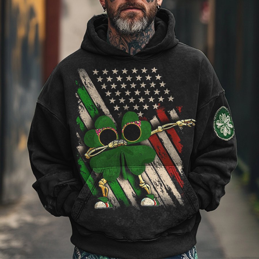 

Men's Vintage American Flag And Clover Print Hoodie St. Patrick's Day Black