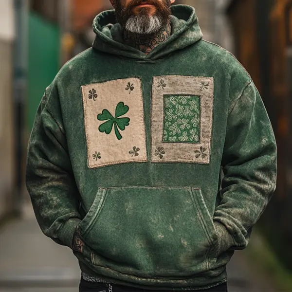 Men's Vintage Distressed St. Patrick's Day Shamrock Floral Print Patch Hoodie Green - Dozenlive.com 