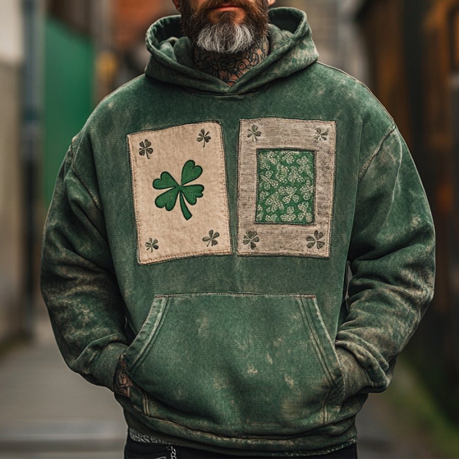 

Men's Vintage Distressed St. Patrick's Day Shamrock Floral Print Patch Hoodie Green