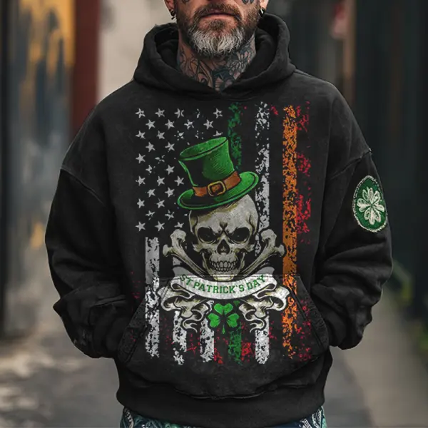 Men's St. Patrick's Day Skull American Flag Print Hoodie - Dozenlive.com 