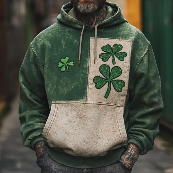 Men's Vintage Distressed Four-Leaf Pocket Clover Hoodie Green St. Patrick's Day Only $35.99 - Cotosen.com 