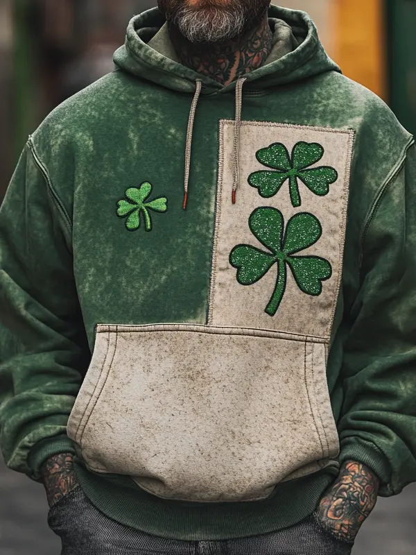 Men's Vintage Distressed Four-Leaf Pocket Clover Hoodie Green St. Patrick's Day Only $35.99 - Menbarn.com 