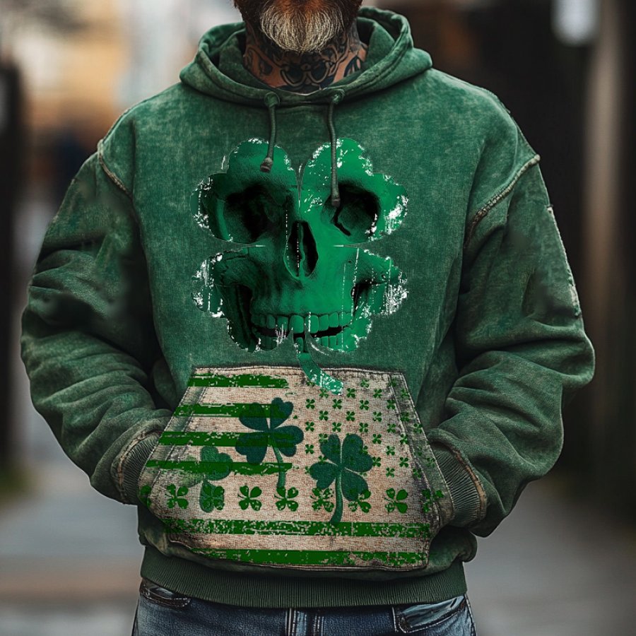 

Men's Vintage Distressed St. Patrick's Day Skull Clover American Flag Print Hoodie Green