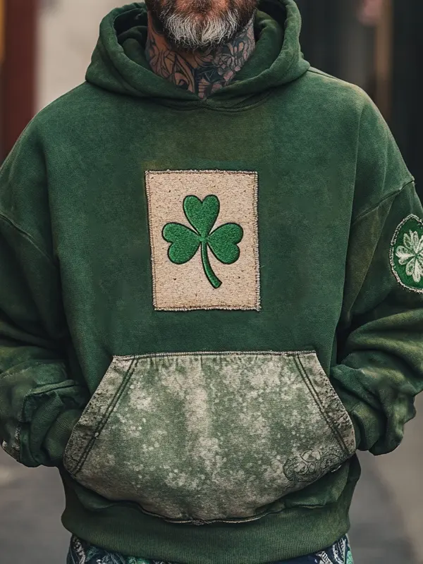 Men's Vintage Distressed Shamrock Patch St. Patrick's Day Hoodie Green Only $36.99 - Menbarn.com 