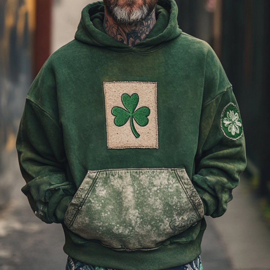 

Men's Vintage Distressed Shamrock Patch St. Patrick's Day Hoodie Green