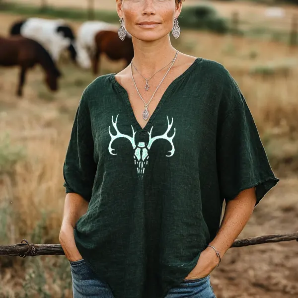 Women's Linen Bohemian Deer Antler Print T-Shirt Dark Green Only $23.99 - Elementnice.com 