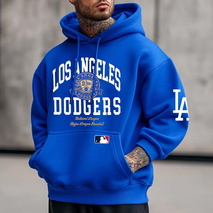 

Unisex Vintage Baseball Print Pocket Long Sleeve Oversized Royal Blue Hoodie