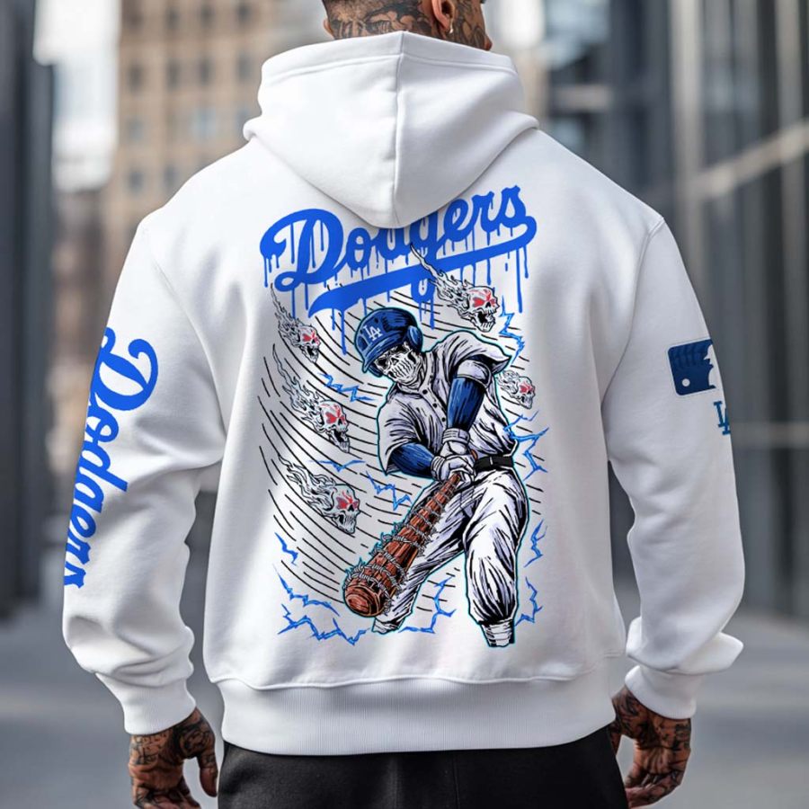 

Unisex Baseball Game Print Pocket Vintage Long Sleeve Oversized White Hoodie