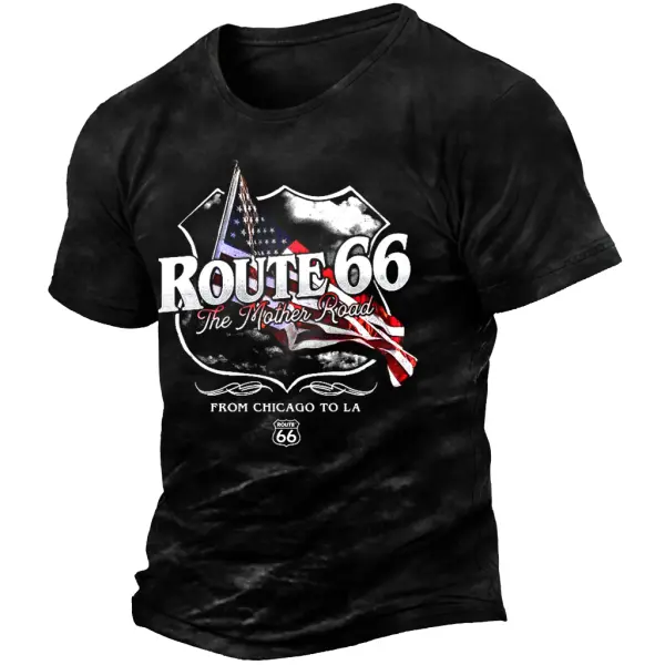 Men's Vintage Route 66 The Mother Road American Flag Distressed Outdoor Short Sleeve T-Shirt - Cotosen.com 