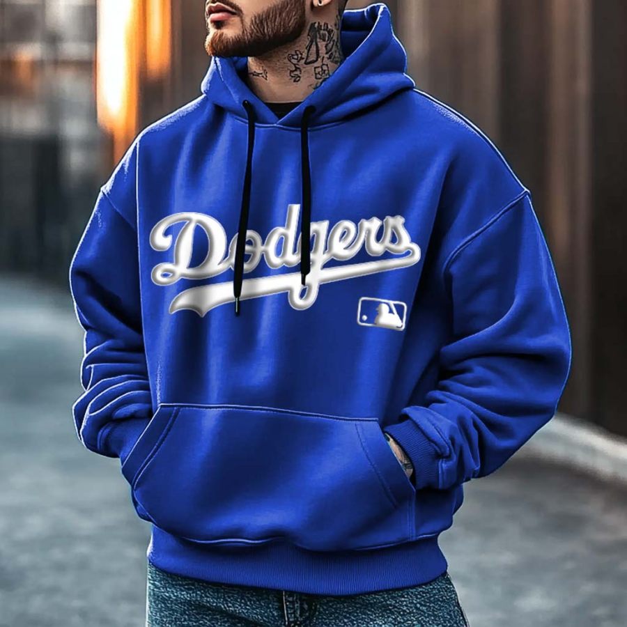 

Unisex Vintage Baseball Foam Print Pocket Long Sleeve Casual Oversized Royal Blue Hoodie