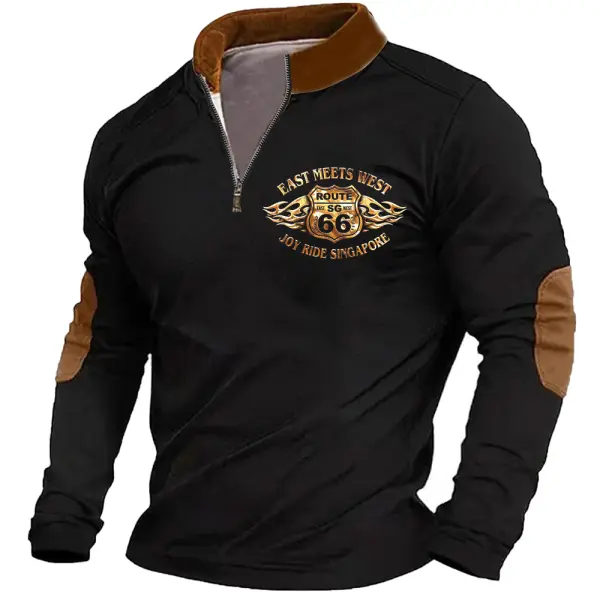 Men's Vintage Route 66 Road Trip Contrast Color Long Sleeve Zipper Stand Collar T-shirt - Cotosen.com 