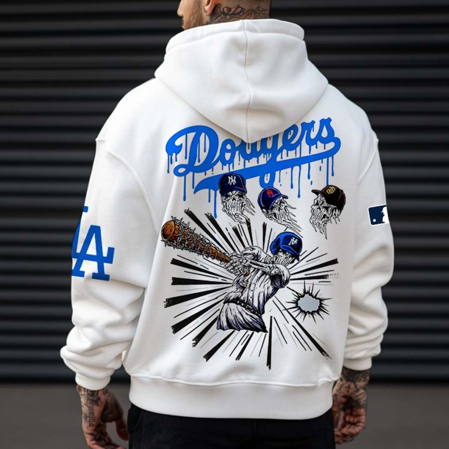 

Unisex Baseball Print Pocket Vintage Long Sleeve Oversized White Hoodie