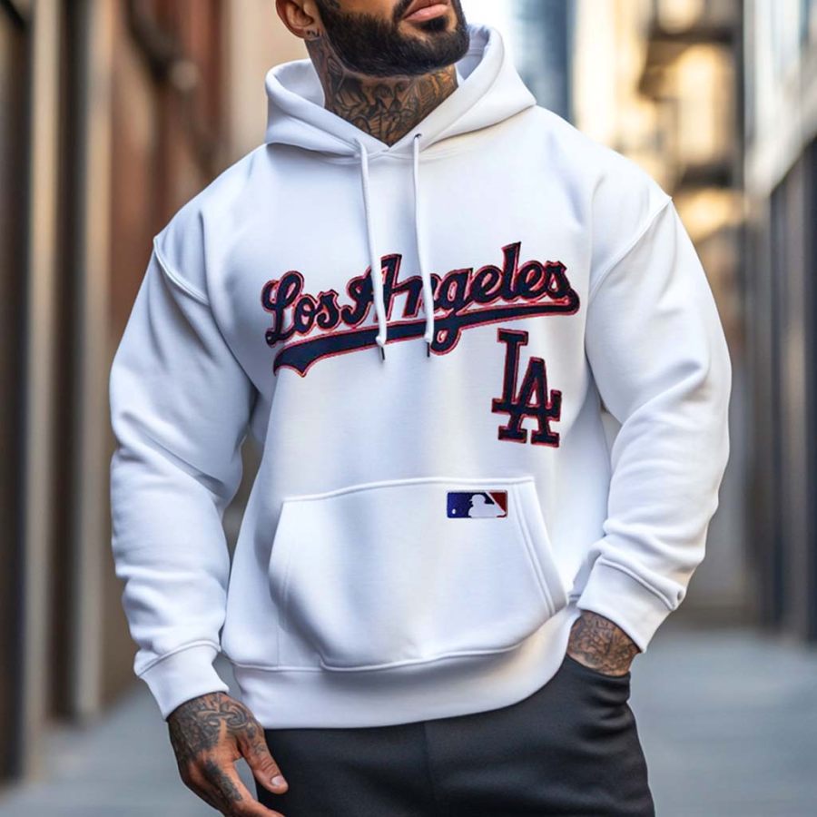

Unisex Vintage Baseball Embroidery Pocket Long Sleeve Casual Oversized White Hoodie