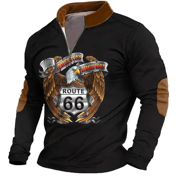 Men's Vintage America Highway Eagle Route 66 Road Trip Contrast Color Long Sleeve Zipper Stand Collar T-shirt - Cotosen.com 