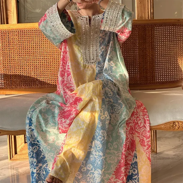 Women's Middle Eastern Contrasting Floral Art Print Jalabiyas Dress - Ootdyouth.com 