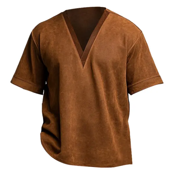 Men's Suede V-neck Short Sleeve T-shirt - Cotosen.com 