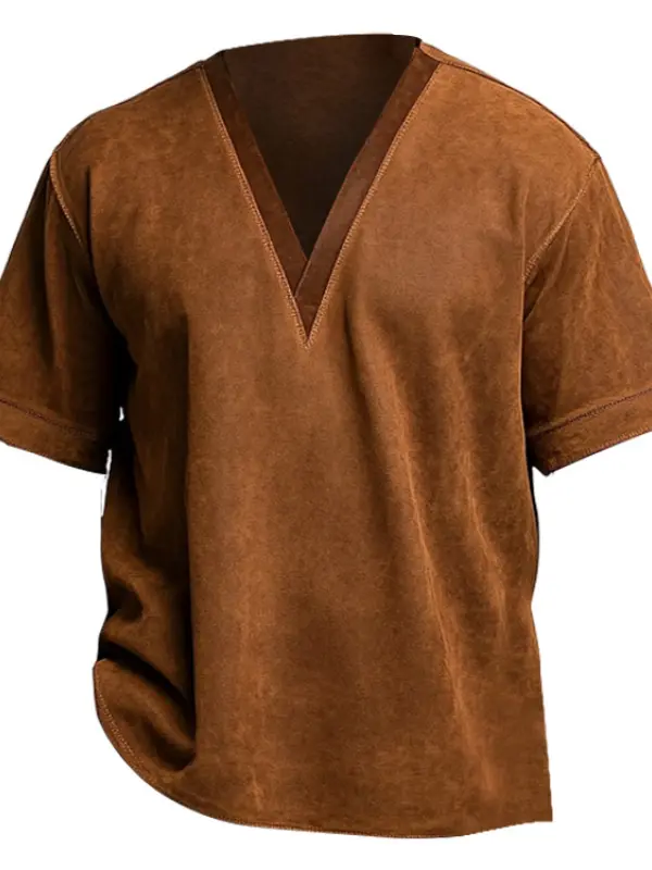 Men's Suede V-neck Short Sleeve T-shirt Only $23.99 - Menbarn.com 