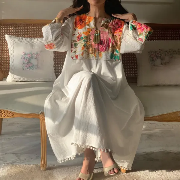 Women's Middle Eastern Floral Art Print Patchwork Jalabiyas Dress - Spiretime.com 