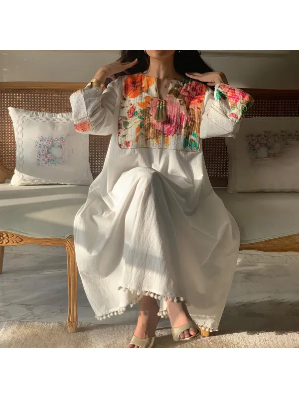 Women's Middle Eastern Floral Art Print Patchwork Jalabiyas Dress - Ootdmw.com 
