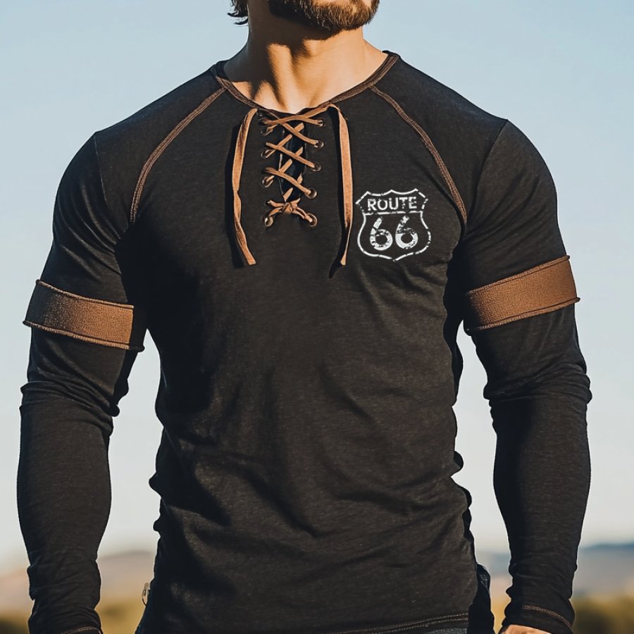 

Men's Vintage Lace-Up Color Block Route 66 Print Long Sleeve T-Shirt