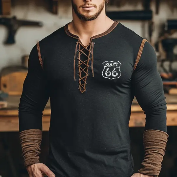 Men's Vintage Route 66 Print Athletic Henley Long Sleeves T Shirt - Cotosen.com 