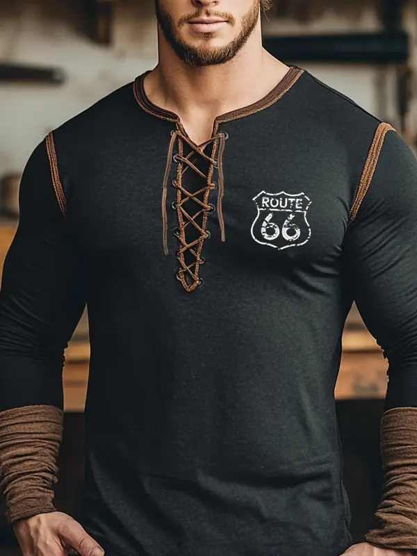 Men's Vintage Route 66 Print Athletic Henley Long Sleeves T Shirt Only $26.99 - Pragmaace.com 